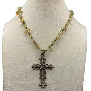 Vintage Cookie Lee Bronze Western w/Pink Stone Rhinestone Cross Pendant Necklace